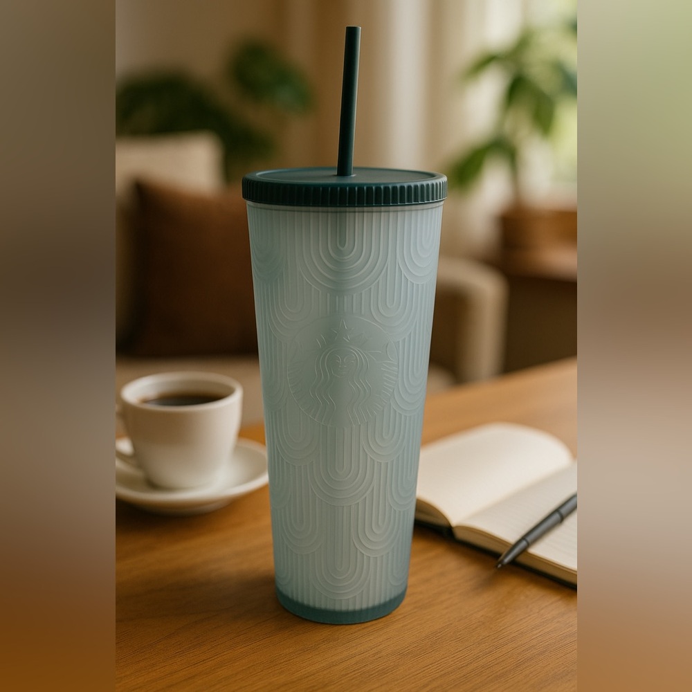 Starbucks Tumbler‎ Frosted Teal Geometric 24oz Venti Matte Luxe Cold Cup Straw